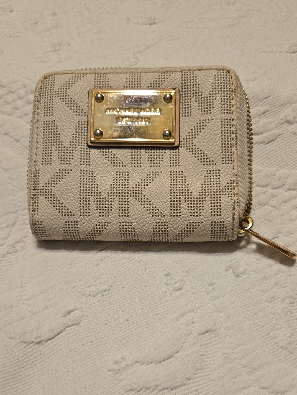 Michael Kors Beige MK Logo Zip-Around Wallet with Gold Plaque